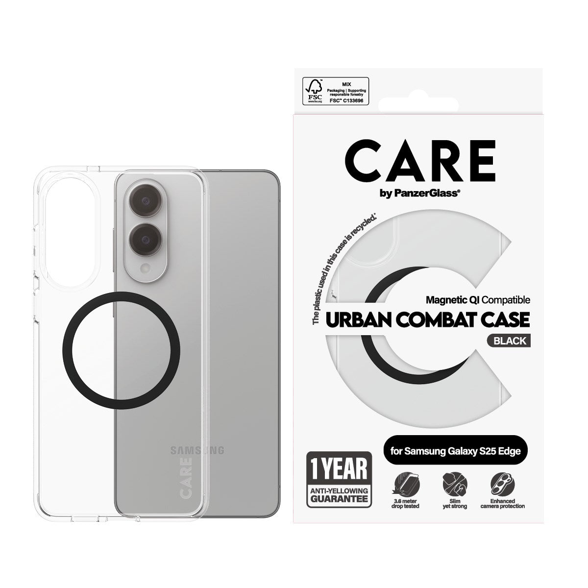 CARE by PanzerGlass® Flagship Case Transparent Urban Combat m. Schwarz Qi Compatible Samsung S25 Edge